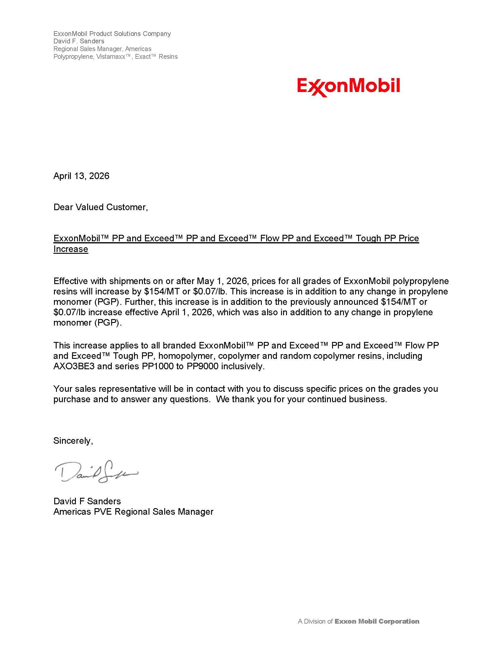 Exxon April and May PP Letter