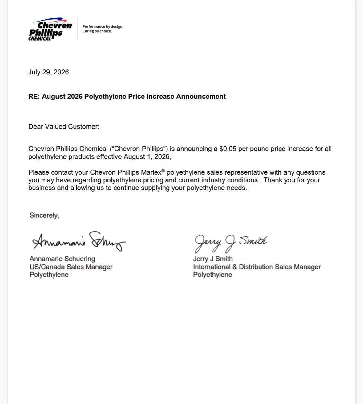 Chevron Phillips Chemicals August Price Increase letter