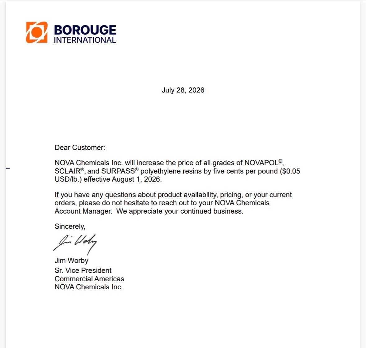 NOVA Chemicals August Price Increase Letter