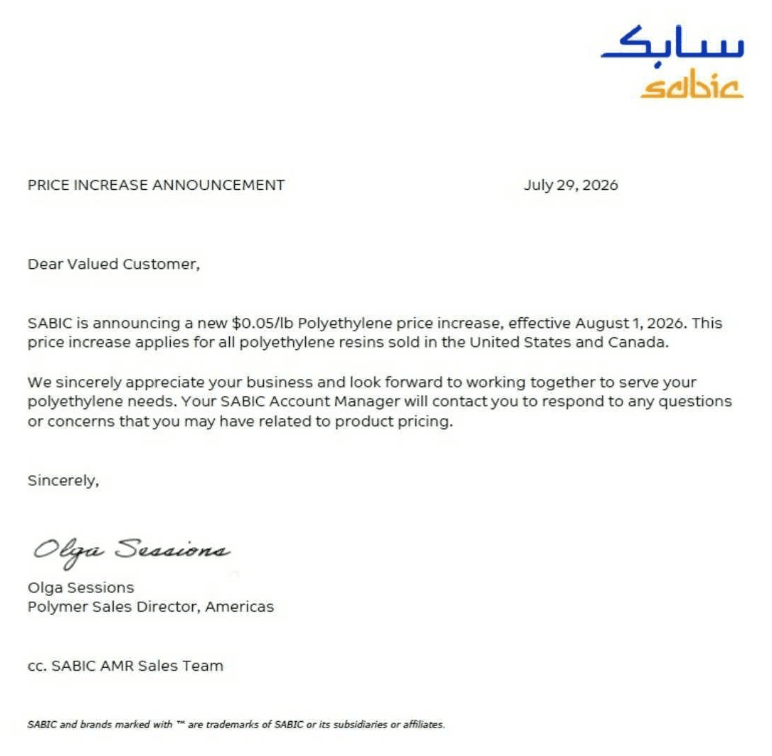 SABIC August Polyethylene Price Increase Letter