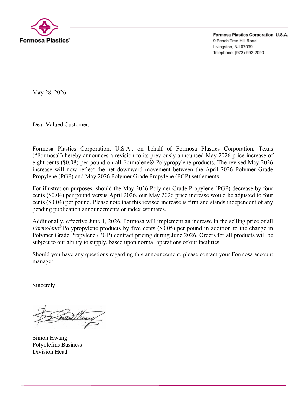 Formosa May and June PP Price Increase