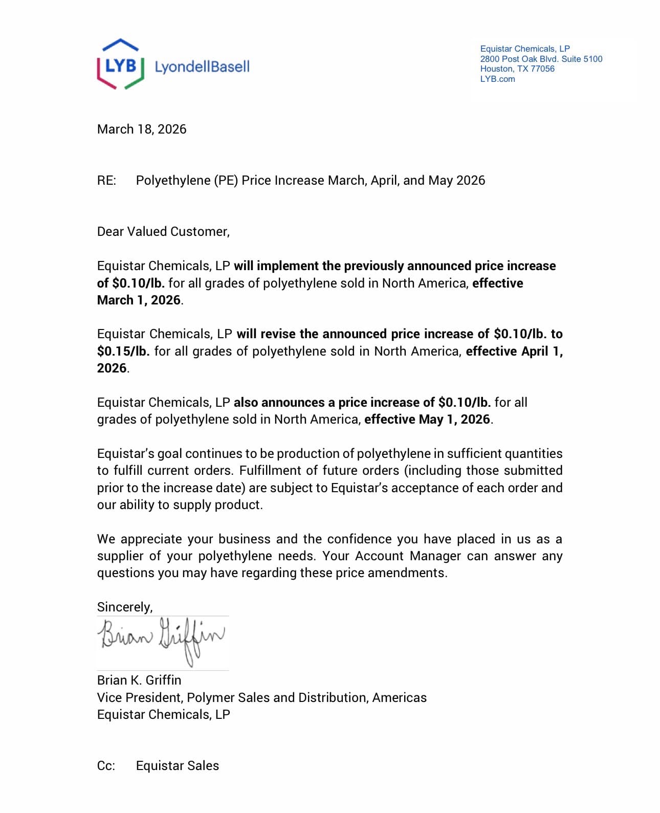 LYB: Equistar PE March to May 2026