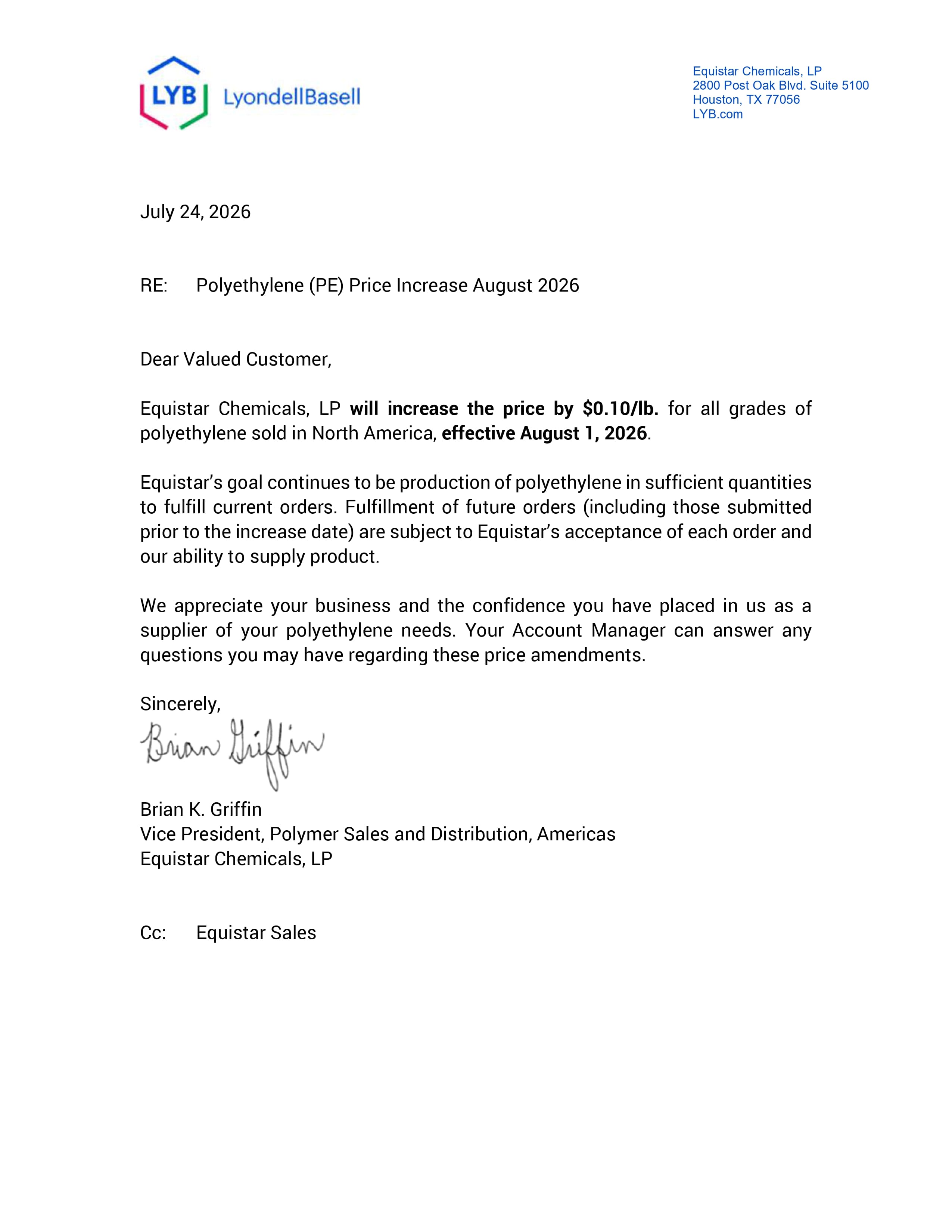 LyondellBassell August PE Increase