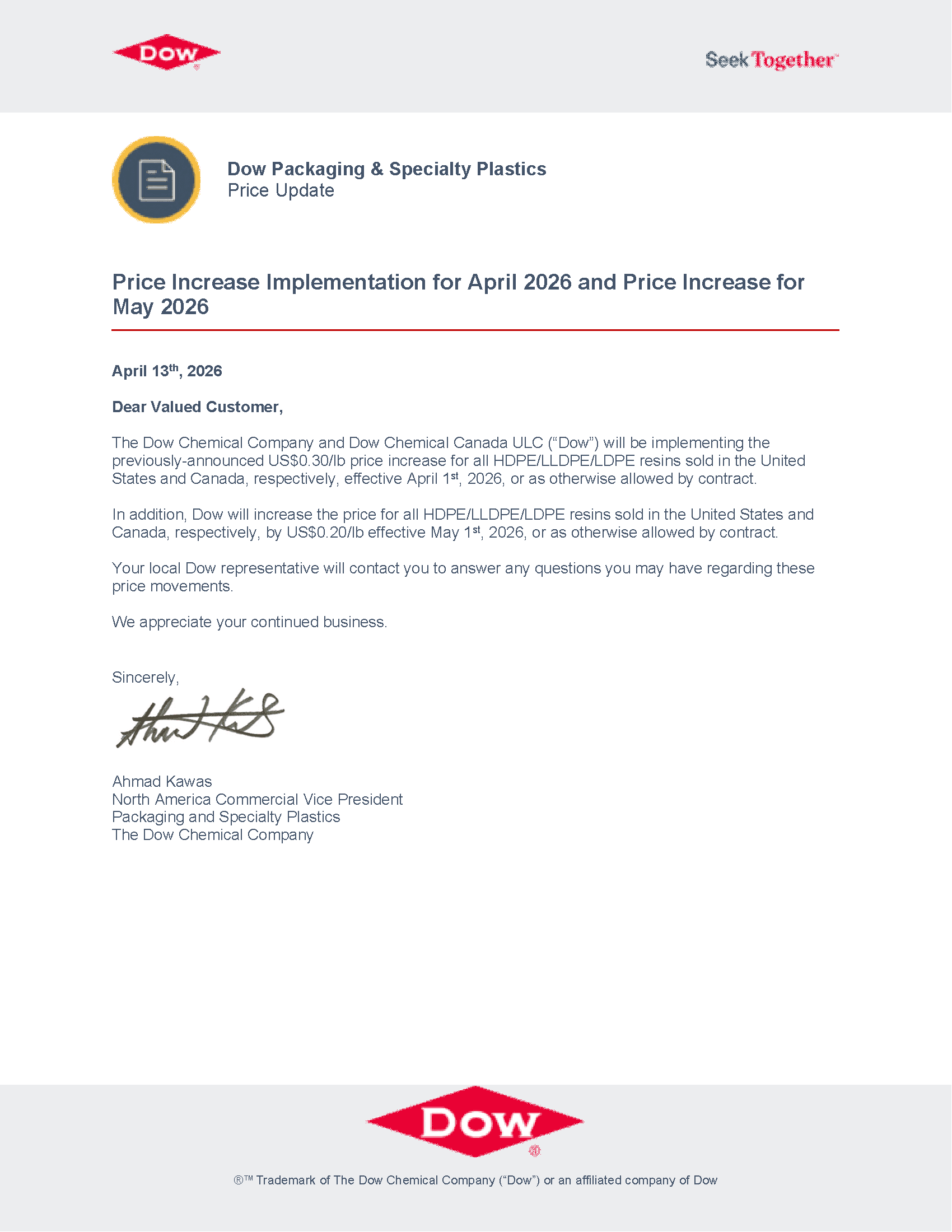 Dow April and May PE Price Incease Letter