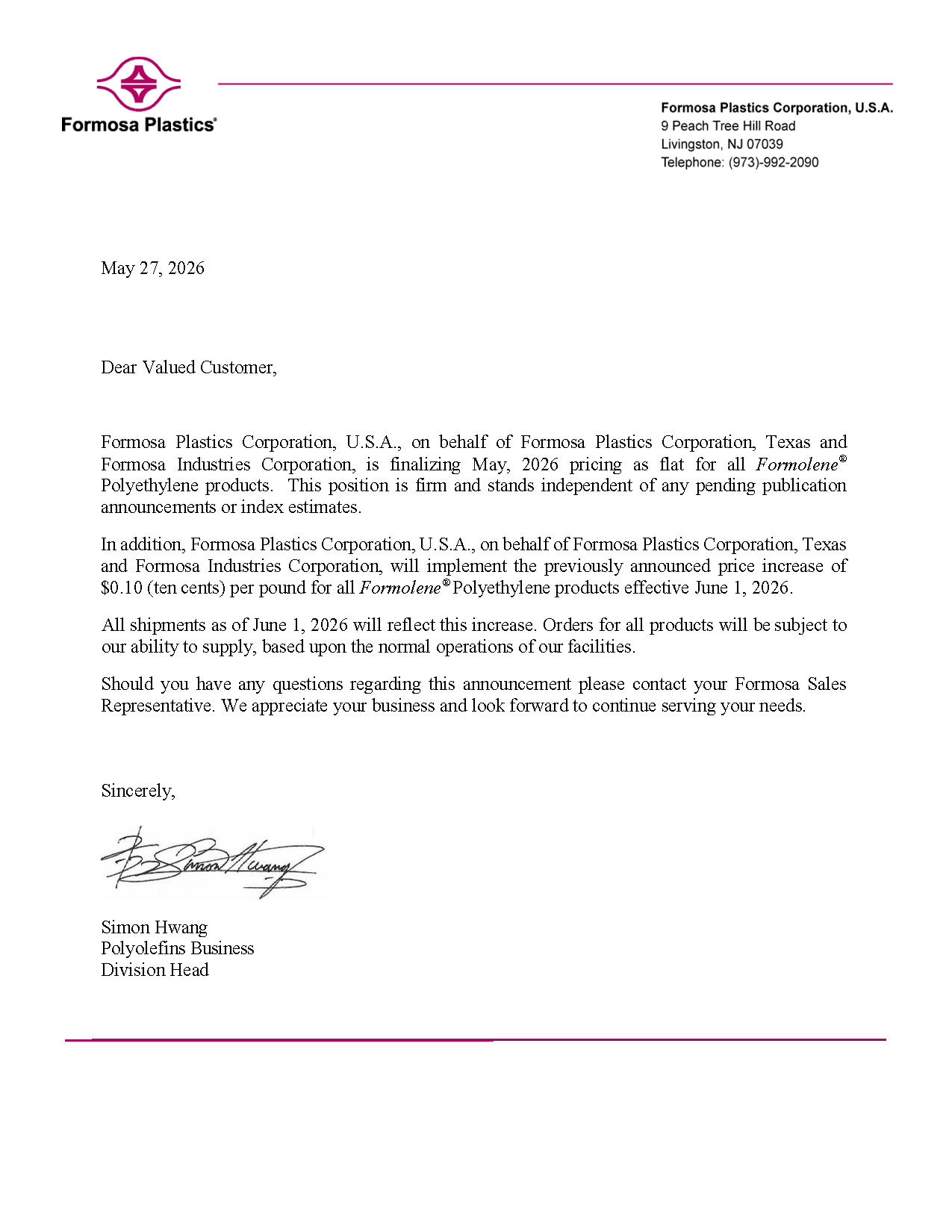 Formosa May and June PE Price Increase Letter